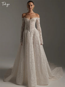 Tokyo Customized White Off the Shoulder Wedding Dresses Long Sleeves Zip Back Bridal Gowns A-Line Court Train Wedding Gowns 2026