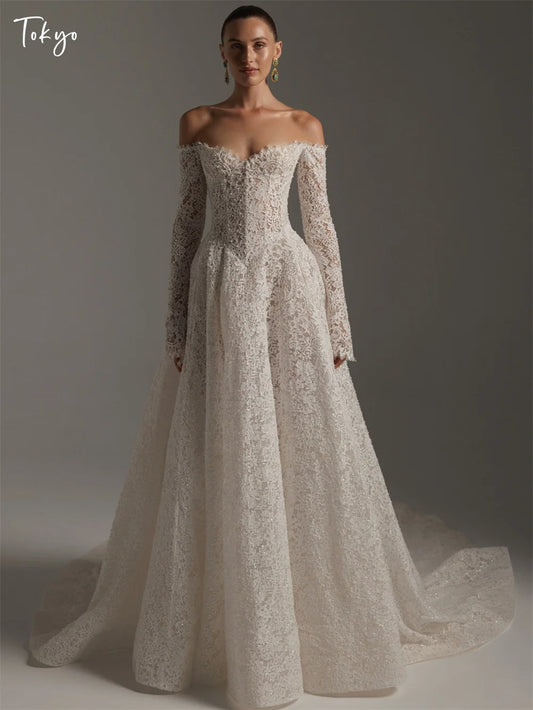 Tokyo Customized White Off the Shoulder Wedding Dresses Long Sleeves Zip Back Bridal Gowns A-Line Court Train Wedding Gowns 2026