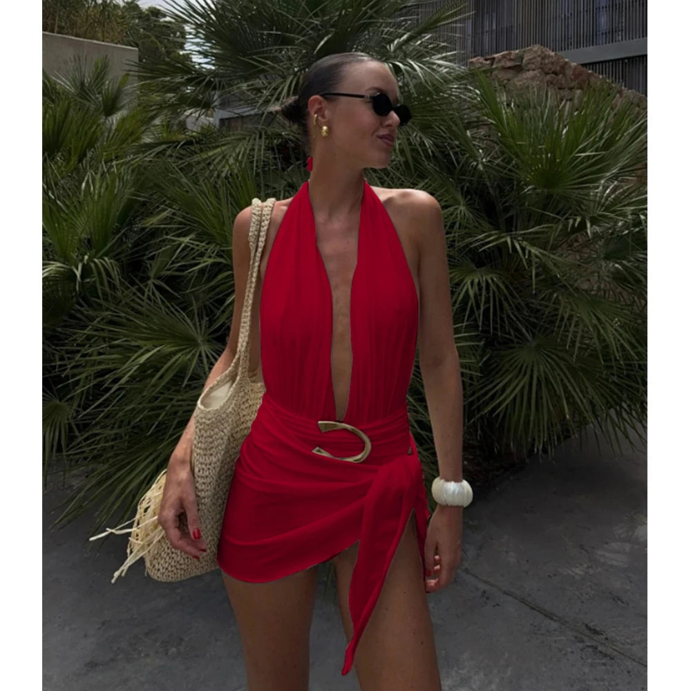 Two Piece Micro Bikini Halter Swimwear Solid Bodysuit