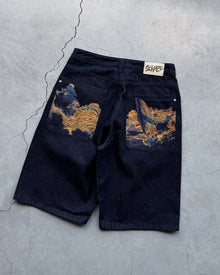 Hip Hop Cartoon Pattern Pocket Embroidery Denim Shorts Y2k Retro Baggy Dark Blue Jeans Short Men Women Street Skateboard Jorts