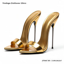 Black Patent Leather Metal Stiletto Mules 16cm Pointed Open Toe Thin Heels Plus Size Shoes Women's Summer Pull On Party Slippers