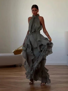 Sexy Cascading Ruffle Pleated Women Long Dress Fashion Lace Up Sleeveless Empire Female Dresses 2026 Spring Summer Lady Robe