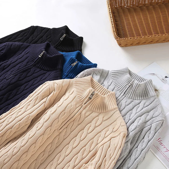Pull en pur coton pour homme, pull de Noël à torsades de haute qualité pour l'automne, col roulé zippé, pull homme à fermeture éclair