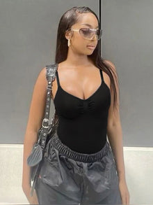 Women Sleeveless Shirred Spaghetti Strap Bodysuit Slim Black