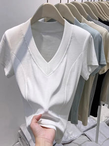 Slim Fit Pure Cotton Short Sleeve V Neck Top Korean Style