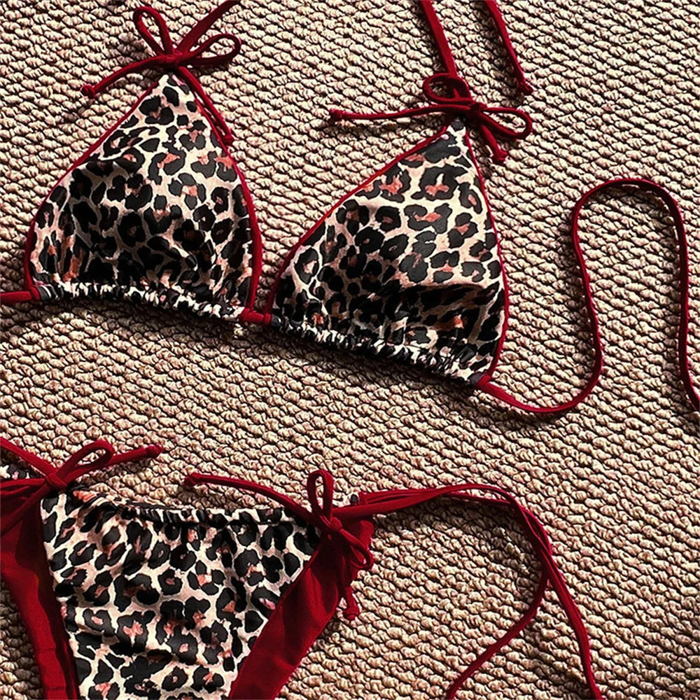 Red Leopard Bikinis Sets Bowknot Triangle String Backless Swimsuit Push Up Halter Extrem Swimwear Thong Women Beach Bathing Suit