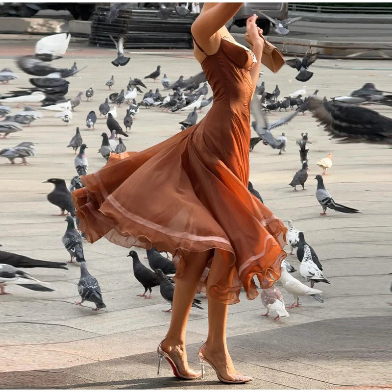 Spaghetti Strap Chiffon Lace Trim Flared Dress Sleeveless Waist Cinched 2026 Summer Formal Women Gown Chic Causal Lady Vestido