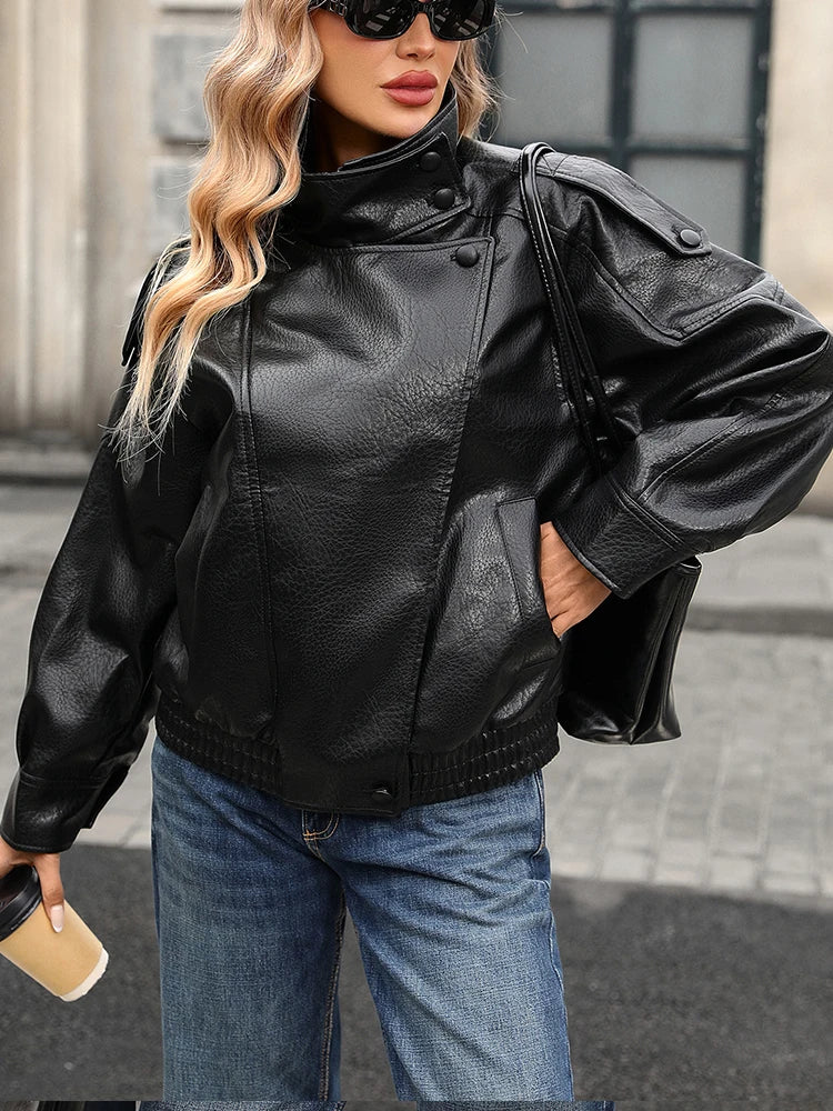 Ailegogo Vintage Chic Black Faux Leather Jackets Women Long Sleeve Button Elastic Oversized Coats Spring Autumn Streetwear Coats