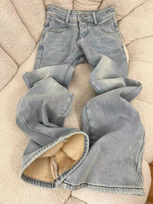 Y2K Fleece Flare Jeans Women Harajuku Streetwear Lace Bow Denim Pants Winter Fashion Sweet Cute High Waist Slim Design Trousers