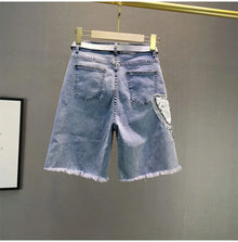 Ladies' Beaded and Sequined Denim Cropped Pants, New Summer Style, Raw-edge Straight-cut, Slim-fitting, Versatile Shorts