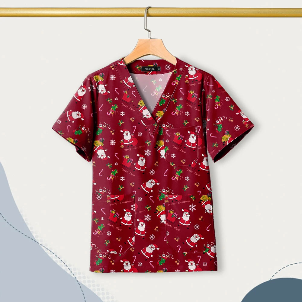 Nursing Uniforms Cartoon Printed Medical Elastic Hospital Doctor Unisex Halloween Christmas Costumes Women Men Nurse Scrubs Tops