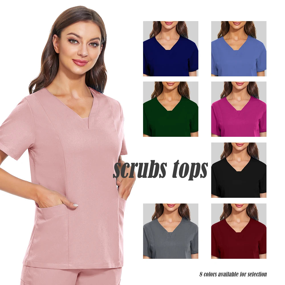V-neck Short Sleeved Top Fashion Nurse Uniform Dentist Veterinary Work Uniform Unisex Healthcare Nurse Clothing Scrun Women Mens