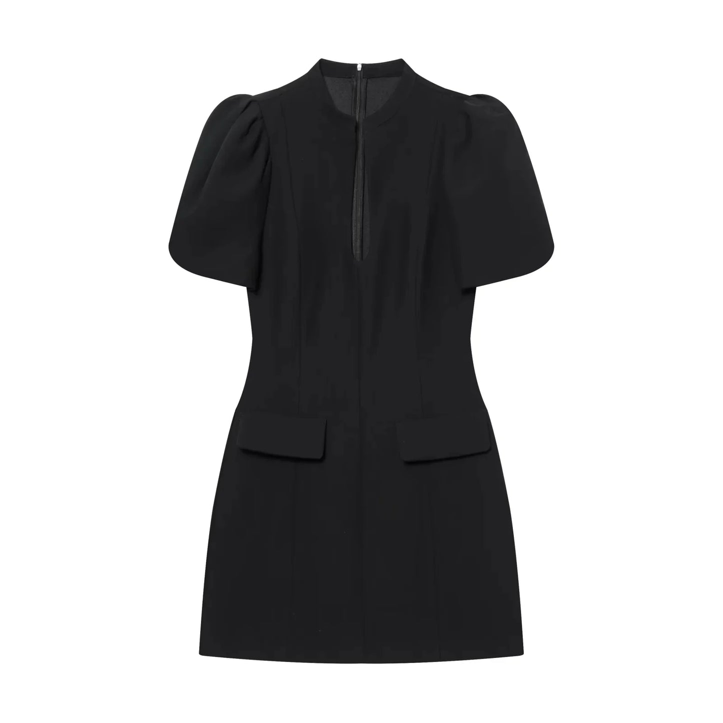 KONDALA Elegant Holiday Chic Women Mini Dress Black O-Neck Zipper Short Puff Sleeve Dress Fashion 2026 Spring Summer Party Dress