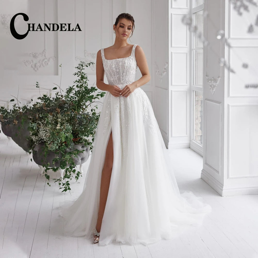 CHANDELA Trendy A-line Wedding Dress Bridal Sleeveless Tulle Lace Appliques Lacing up Brush Train Vestidos Para Mujer Customised