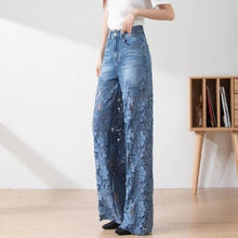 Y2k Women's cute jeans High Leg Waisted Wide  2025 Spring Summer Fashion Hollow Lace Patchwork Denim Pants