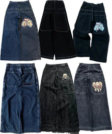 Men Women Retro Gothic High Waist Jeans Y2k Baggy Black Harajuku Hip Hop Pattern Embroidered Blue Denim Pants Wide Leg Jeans