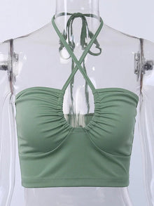 Sexy Solid Lace Up Bow Halter Ruched Crop Top Fashion Sleeveless Backless Tube Tops Female Streetwear Tops New Women