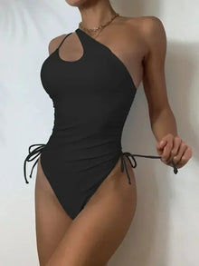 Solid Lace Up One Piece Swimsuit For Women Push Up Beachwear