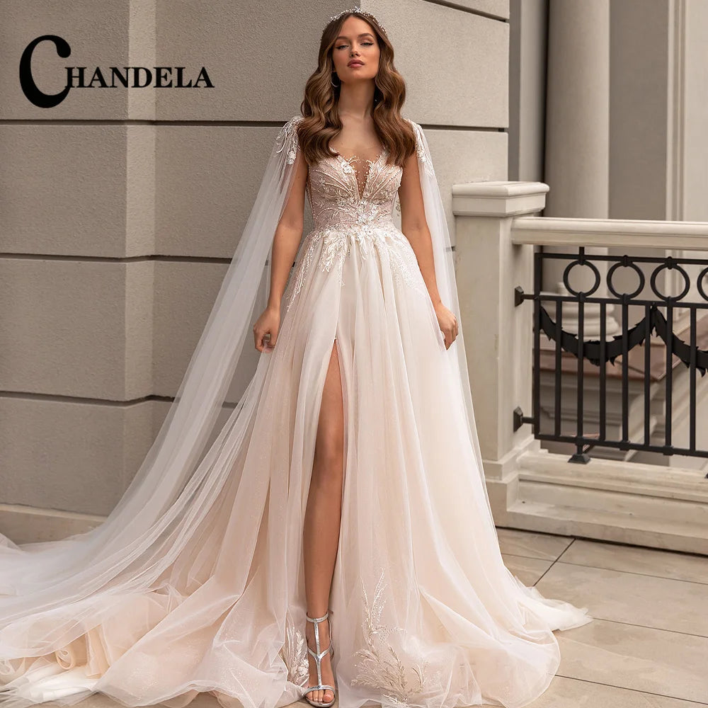 CHANDELA Trendy A-line Wedding Dress Bridal Sleeveless Tulle Lace Appliques Lacing up Brush Train Vestidos Para Mujer Customised