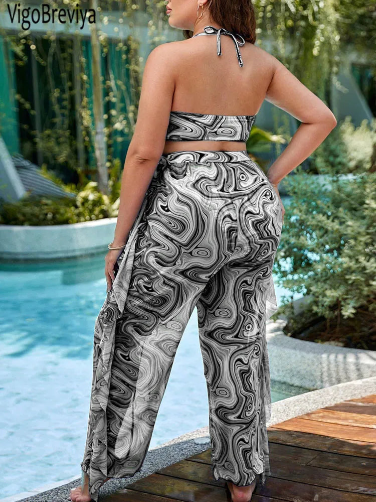 VigoBreviya 2026 Print 3 Piece Plus Size Mesh Pants Bikini Set Women Hollow Push Up Curvy Swimsuit Beach Lady Big Bathing Suit