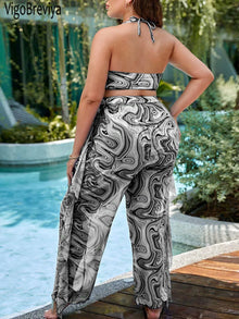 VigoBreviya 2026 Print 3 Piece Plus Size Mesh Pants Bikini Set Women Hollow Push Up Curvy Swimsuit Beach Lady Big Bathing Suit