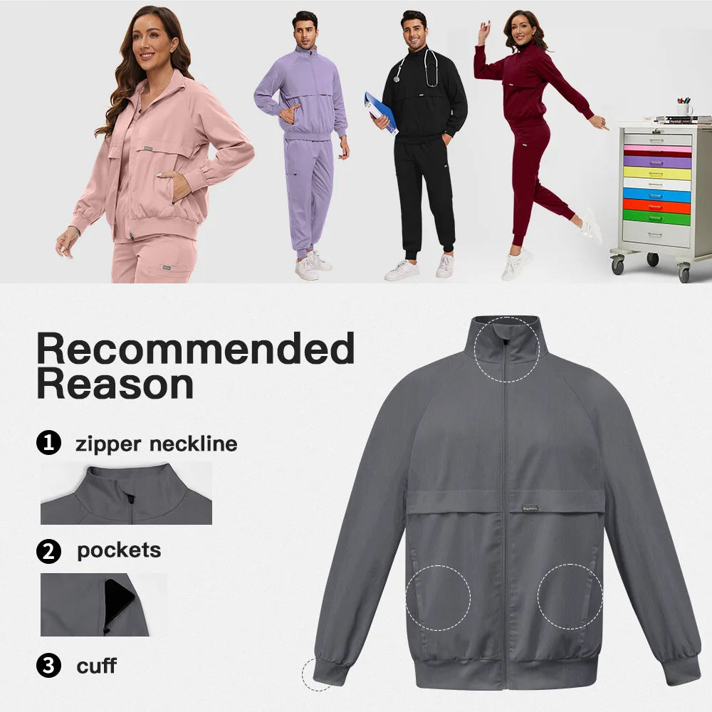 Surgical gown jacket, long sleeved jacket, stand up collar with multiple pockets, medical brush gloves, nurse work clothes