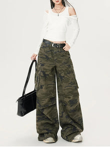 Women's Green Camouflage Workwear Pants Jeans Y2K American High Street Harajuku Loose Wide Leg Long Jeans Casual Clothing 2026