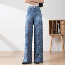 Y2k Women's cute jeans High Leg Waisted Wide  2025 Spring Summer Fashion Hollow Lace Patchwork Denim Pants