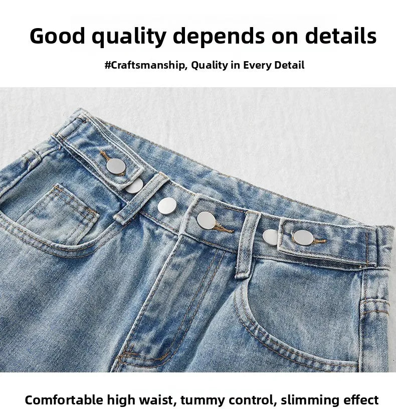 Trendy Ripped Straight Leg Jeans Women's Spring Summer High Waist Loose Wide Leg Pants Slimming Design Casual Denim Jeans
