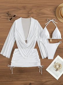 4 Piece Sexy Solid Color Bikini Set With Sheer Cover Up