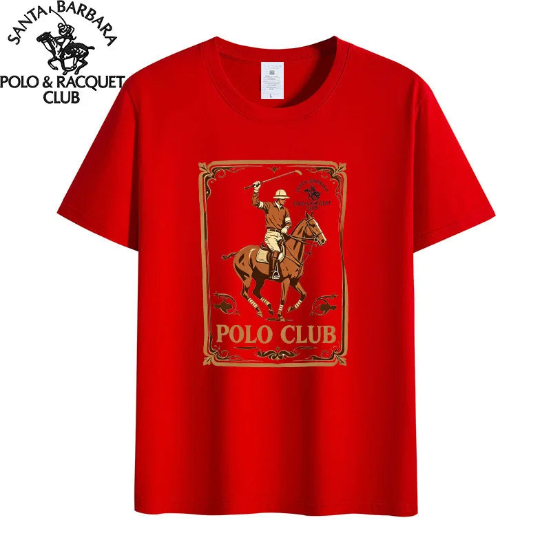 Santa Barbara Polo & Racquet Club Men's T-shirt Vintage Polo Player Print 100% Cotton Casual O-Neck Tee