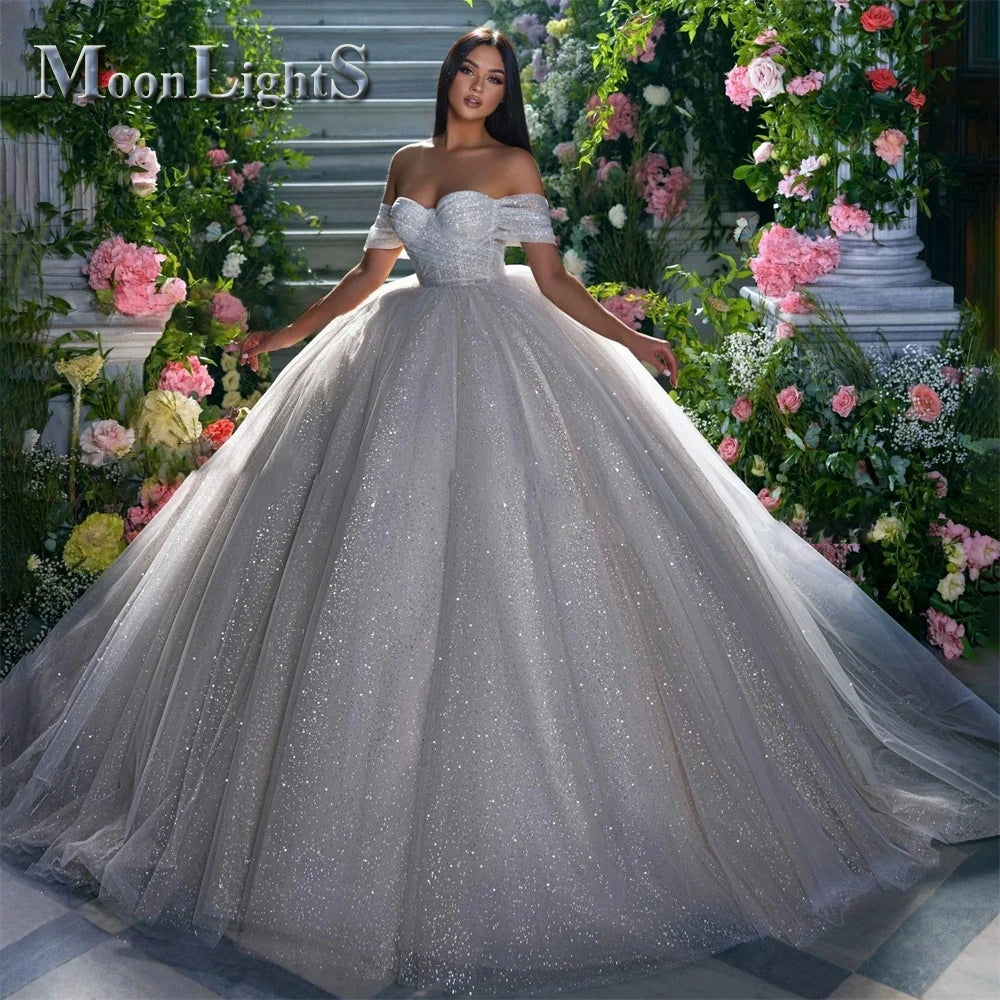 Moonlight Glitter Tulle Wedding Dresses Off Shoulder Shiny Pleated Prom Bridal Gown Sparkly Ball Pageant Customized Bride Gown