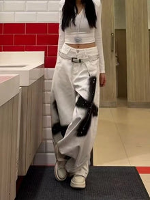 Subculture High Street Y2k Jeans Vintage Loose Pockets Pants Mid Waist Button Full Length Graffiti Chic Denim Pants New Harajuku