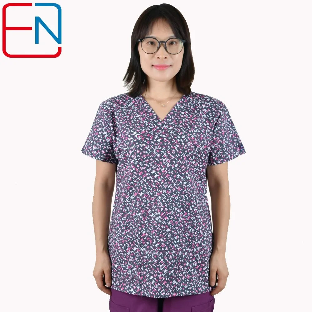 Hennar Print Vet Scrub Uniform For Women In 100% Cotton 4 pockets,XXS-5XL Pet Doctors Medical Scrub Tops