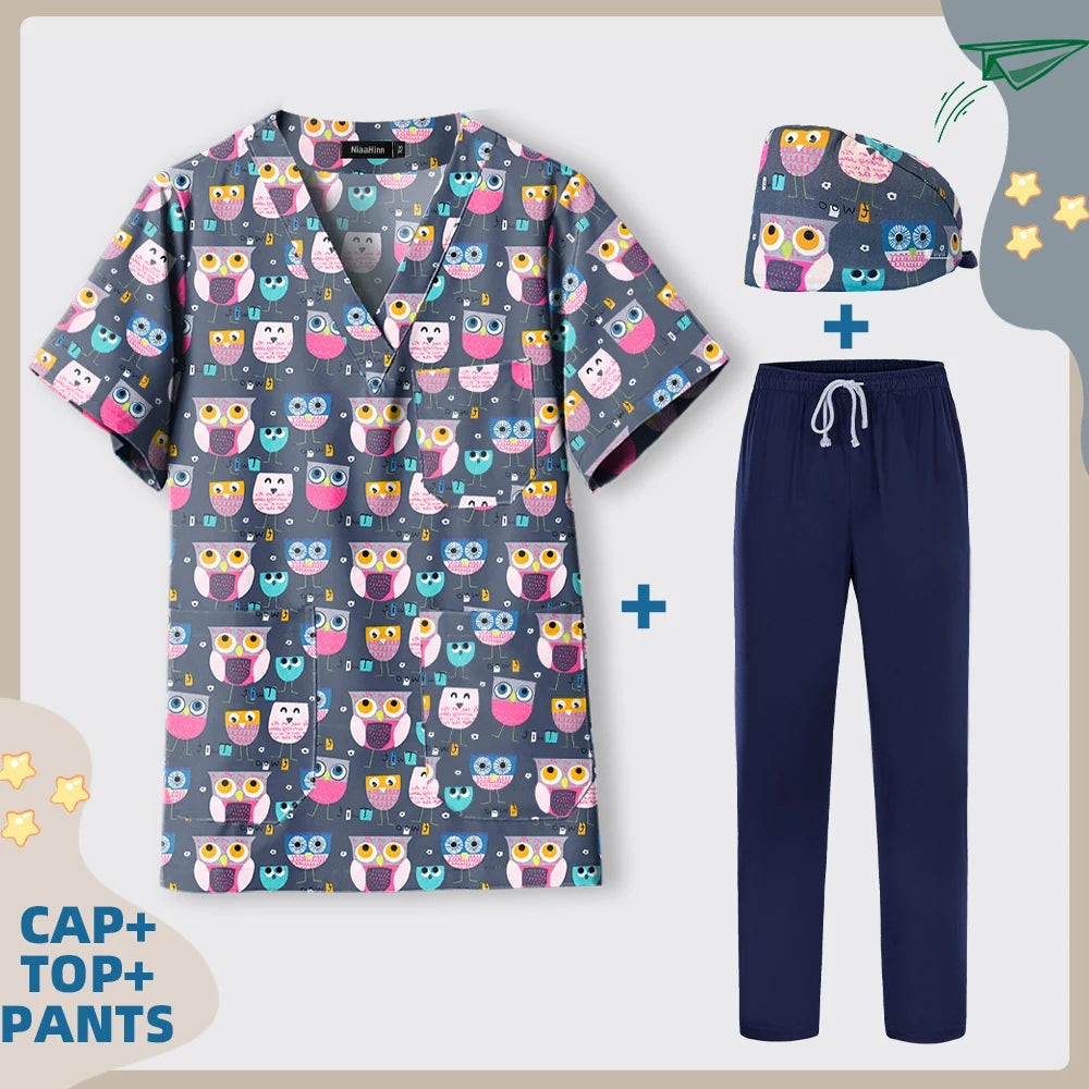 Print Dogs/Cats/Rabbit Scrub Tops Women Men Medical Scrub Shirts Pet Shop Vet Workwear Doctor Nurse Uniform Dentist Overalls Cap