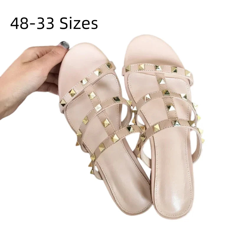 Women Soft Leather Stud Flat Shoes Open Toe Summer Black White Brown Slippers Seam Retro Leisure Slides EU34-43 Big Gold Rivets