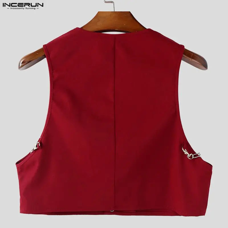 INCERUN Men Vests Solid Color Chain Decoration V Neck Sleeveless Crop Tops Men Streetwear Fashion Casual Male Waistcoats S-3XL