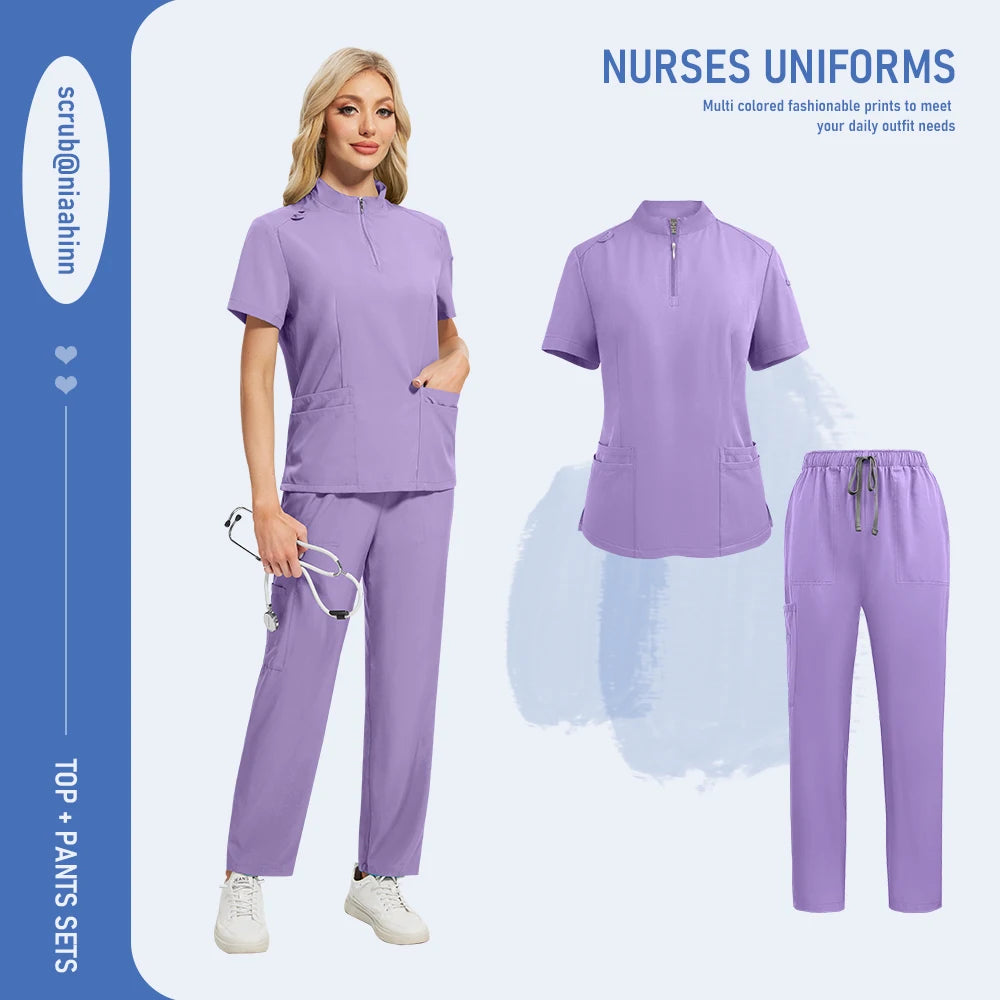 Niaahinn Pants Sets Scrubs Top with Zipper Salon Beauty Spa Uniform Women Men Scrub Uniforms Healthcare Pharmacy Nurse Work Wear