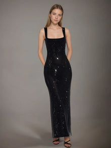 DEAT Fashion Shoulder Sequin Mesh Diamond Suspender Dress Women's Slim Fit High Waist Ankle-length Dresses New 7A846