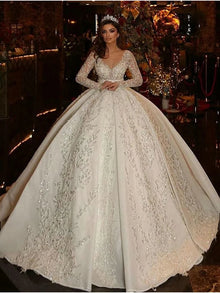 Shiny Chic Wedding Dress Fully Beaded With Princess Ball Gown O-Neck Full Sleeve Bride Dress Customized Button Vestido De Novia