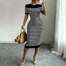 Women's Black Striped Crew Neck Short Sleeve Stretchy Knit Midi Dress Bodycon Sundress Casual Summer Daily Party Dress Outfits