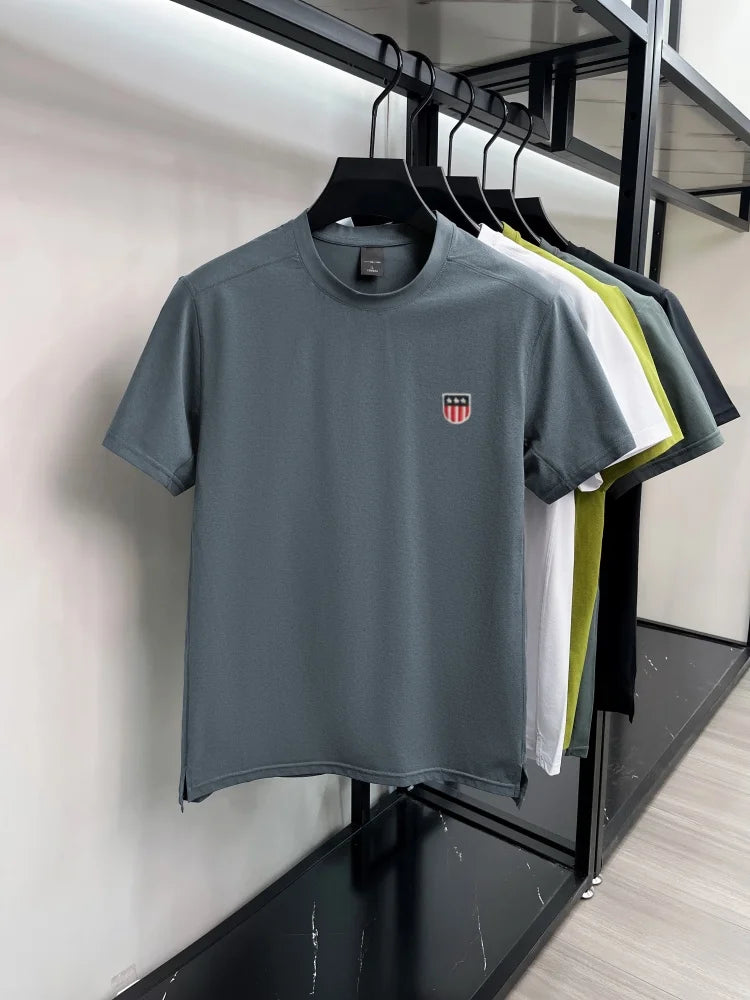 High end ice silk short sleeve T-shirt men's fashion luxury brand exquisite embroidery design, summer breathable round neck top