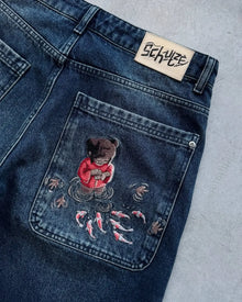 Hip Hop Cartoon Pattern Pocket Embroidery Denim Shorts Y2k Retro Baggy Dark Blue Jeans Short Men Women Street Skateboard Jorts