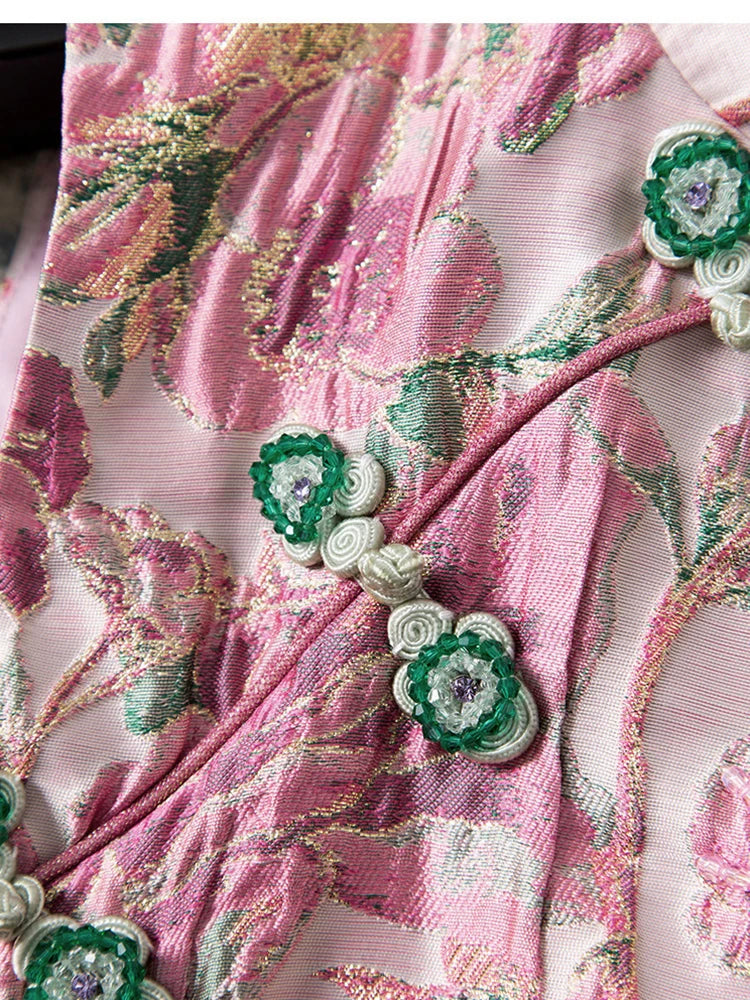 Women Peony Chinese Style Beaded Rhinestone Cheongsam Dress Mandarin Collar Sleeveless Luxury Party Vintage Dress