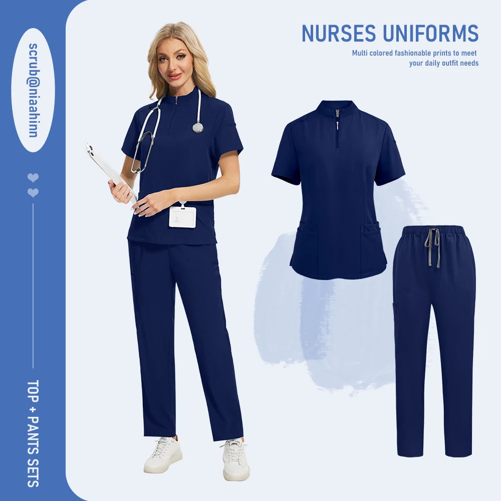 Niaahinn Pants Sets Scrubs Top with Zipper Salon Beauty Spa Uniform Women Men Scrub Uniforms Healthcare Pharmacy Nurse Work Wear