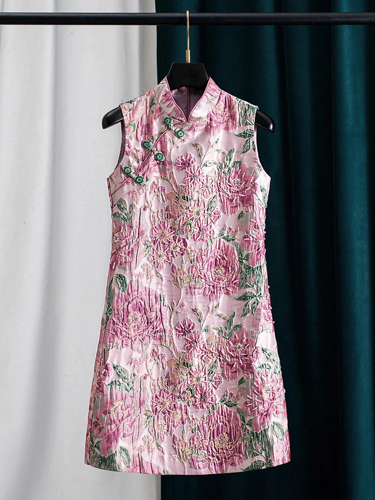 Women Peony Chinese Style Beaded Rhinestone Cheongsam Dress Mandarin Collar Sleeveless Luxury Party Vintage Dress