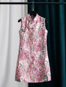Women Peony Chinese Style Beaded Rhinestone Cheongsam Dress Mandarin Collar Sleeveless Luxury Party Vintage Dress