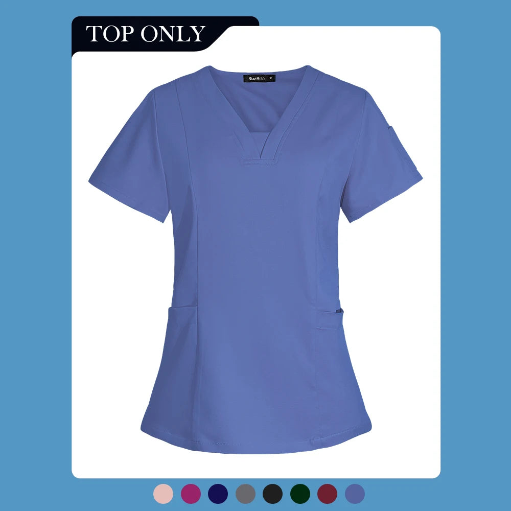 V-neck Short Sleeved Top Fashion Nurse Uniform Dentist Veterinary Work Uniform Unisex Healthcare Nurse Clothing Scrun Women Mens
