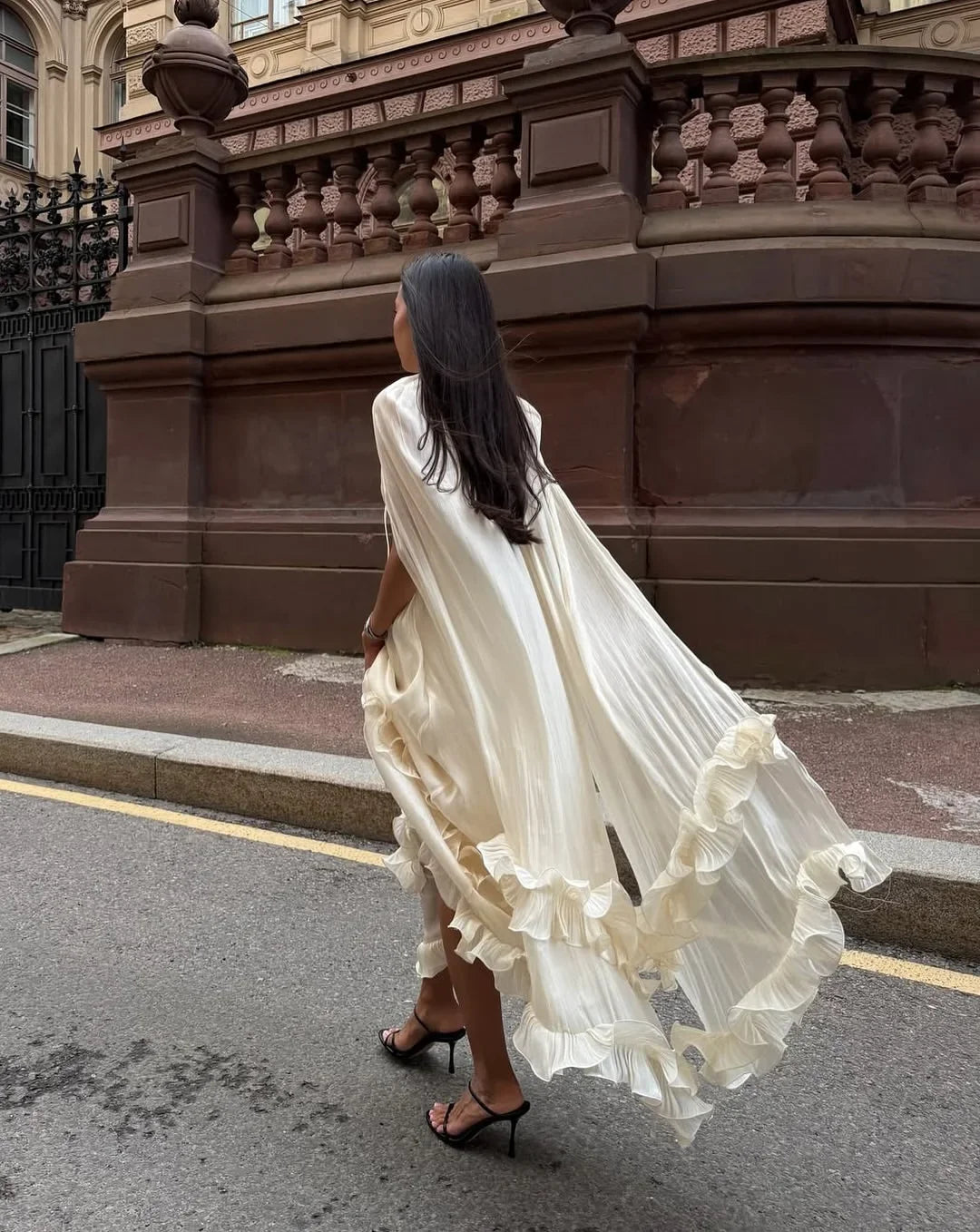 Women Solid Cloak Long Dresses Fashion Stand Neck Lace Sleeveless Ruffle Irregular Hem Dress 2025 New Summer Street Lady Gown