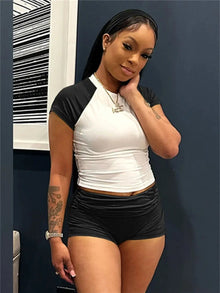Weird  Puss Sporty Patchwork 3 Piece Set Women Casual Summer Headband+Crop Top+High Waist Bike Shorts Street Matching Tracksuit
